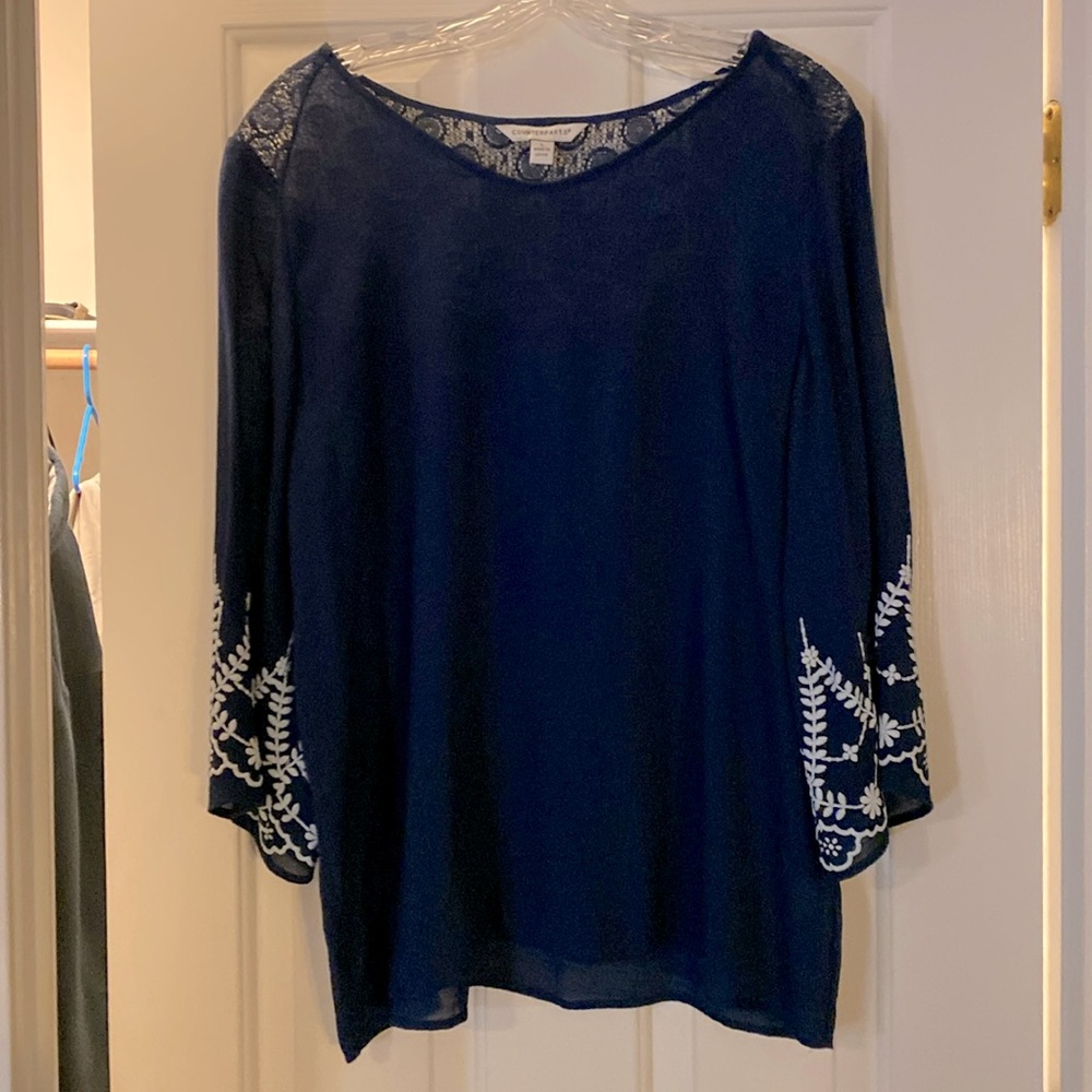 Counterparts Women Blouse Size L Navy Embroidered Sleeves